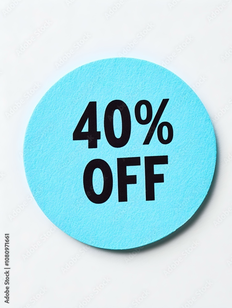 Black '40% OFF' Text on a Light Blue Round Paper Note. White Background Black '40% OFF' Text on a Light Blue Round Paper Note. White Background
