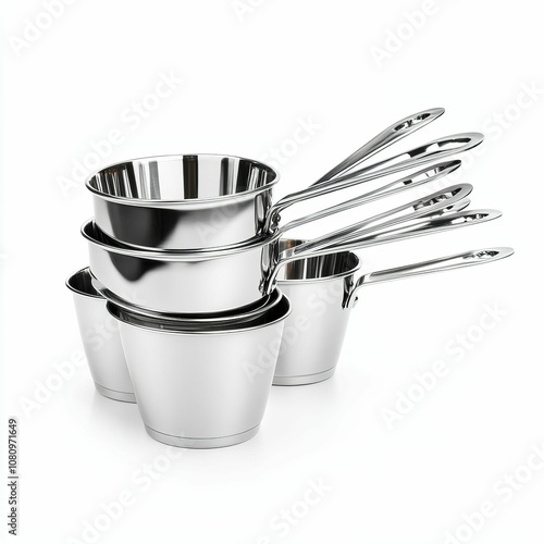 Stacked shiny metal cooking pots. photo