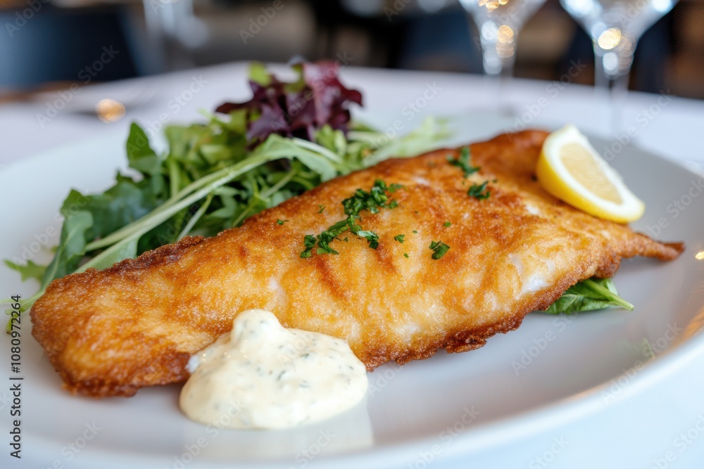 A golden-brown fried fish fillet elegantly served with a side of fresh salad and a lemon garnish, offering a delightful combination of textures and flavors. A golden-brown fried fish fillet elegantly served with a side of fresh salad and a lemon garnish, offering a delightful combination of textures and flavors.