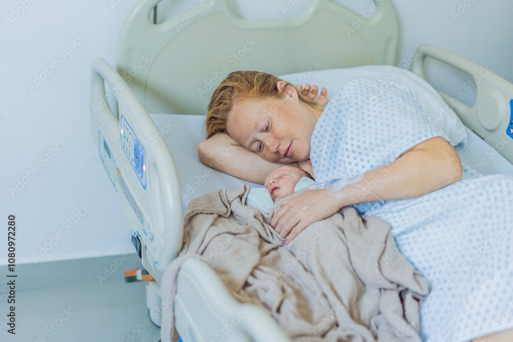 A baby lies with the mother after childbirth, resting peacefully. The serene moment captures the bond between mother and child as they begin their journey together. The hospital environment ensures a