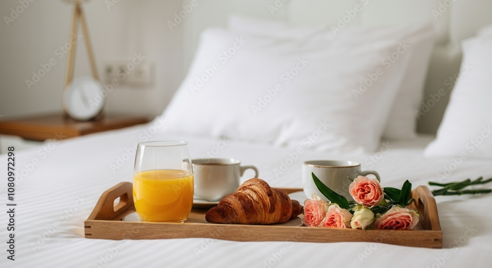 Cozy morning breakfast in bed with croissant, coffee, fresh juice Cozy morning breakfast in bed with croissant, coffee, fresh juice
