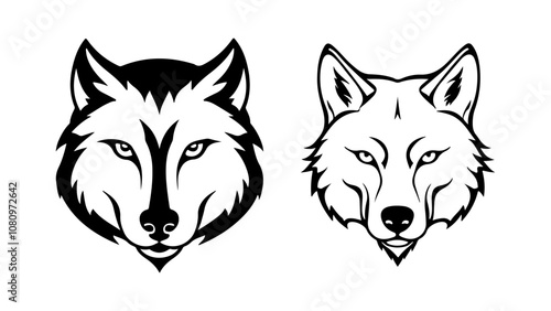 illustrations of a wolf head in vector, wolf face illustrations one with thicker lines and one with thinner lines