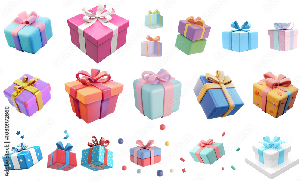 Bundle of presents, gift boxes 3d Render isolated transparent PNG set Bundle of presents, gift boxes 3d Render isolated transparent PNG set