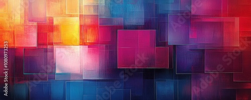 Abstract design featuring colorful squares arranged in a dynamic grid pattern.