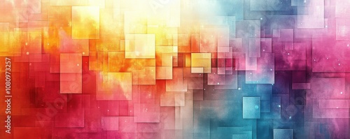 Abstract design featuring colorful squares arranged in a dynamic grid pattern.