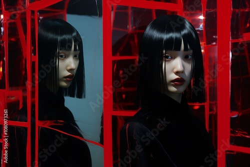 A striking, artistic portrayal of a figure with a black bob haircut, reflecting in red-tinted surfaces, creating a sense of mystery and intrigue. photo