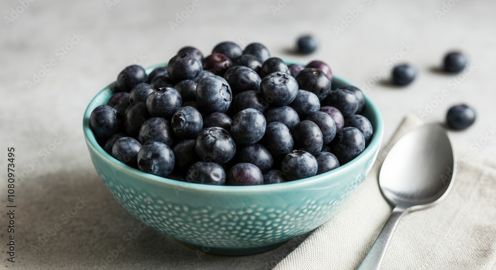 Fresh blueberries in teal bowl with spoon on neutral background
