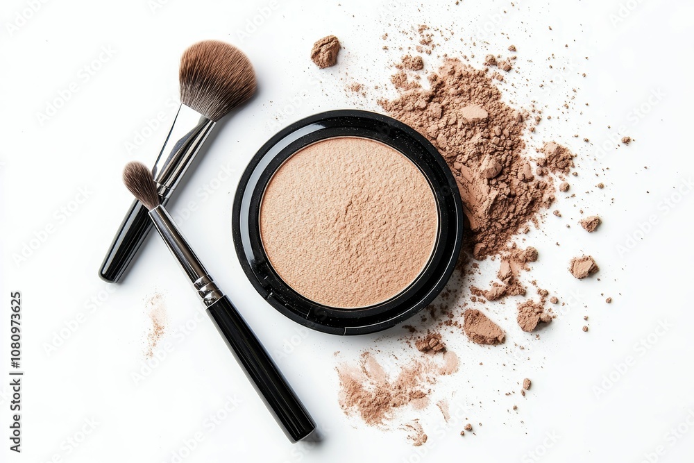 Powder compact, brushes, and spilled powder. Powder compact, brushes, and spilled powder.