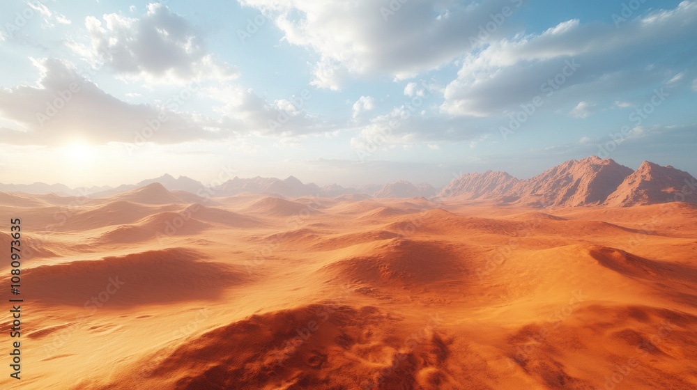 Naklejka premium An expansive desert landscape with dunes stretching to the horizon.