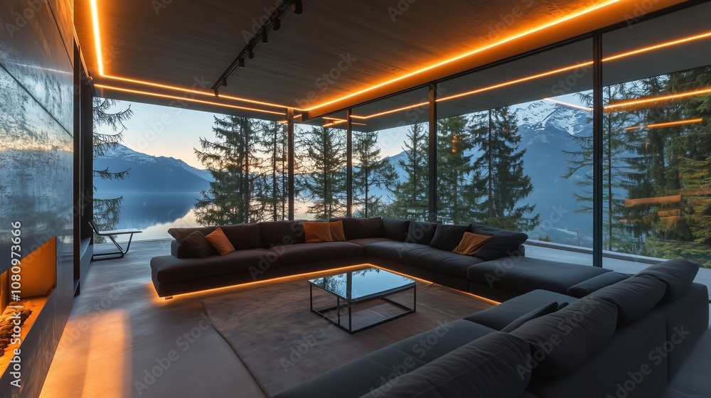 Luxury Living Room with Scenic Mountain and Lake Views, Modern Interior with Ambient Lighting and Large Glass Windows, Ideal for Relaxation, Scenic Retreat, and Nature-Inspired Design Luxury Living Room with Scenic Mountain and Lake Views, Modern Interior with Ambient Lighting and Large Glass Windows, Ideal for Relaxation, Scenic Retreat, and Nature-Inspired Design