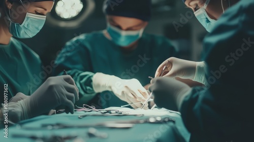 A team of doctors and nurses performing a delicate surgery, advanced medical instruments in use photo