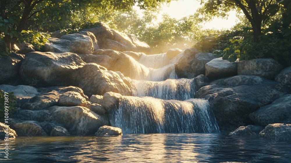 Fototapeta premium Tranquil Waterfall and River in a Lush Forest at Sunset