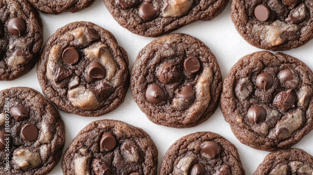 Chewy chocolate cookies arranged neatly on a white background, emphasizing their soft, rich texture and flavor Chewy chocolate cookies arranged neatly on a white background, emphasizing their soft, rich texture and flavor