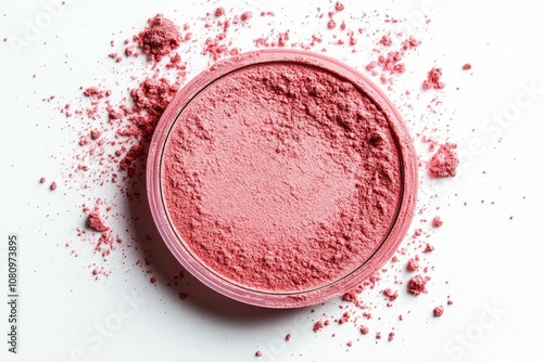 Pink makeup powder spilled on white background.