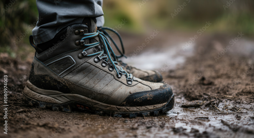 Muddy hiking boots on trail outdoor adventure Muddy hiking boots on trail outdoor adventure