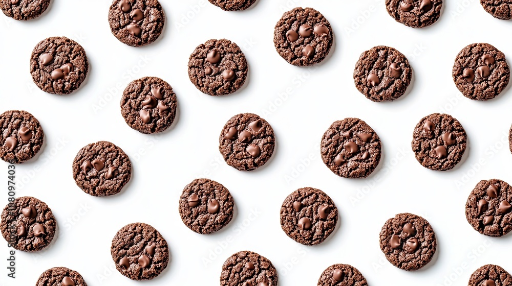 Chewy chocolate cookies arranged neatly on a white background, emphasizing their soft, rich texture and flavor Chewy chocolate cookies arranged neatly on a white background, emphasizing their soft, rich texture and flavor