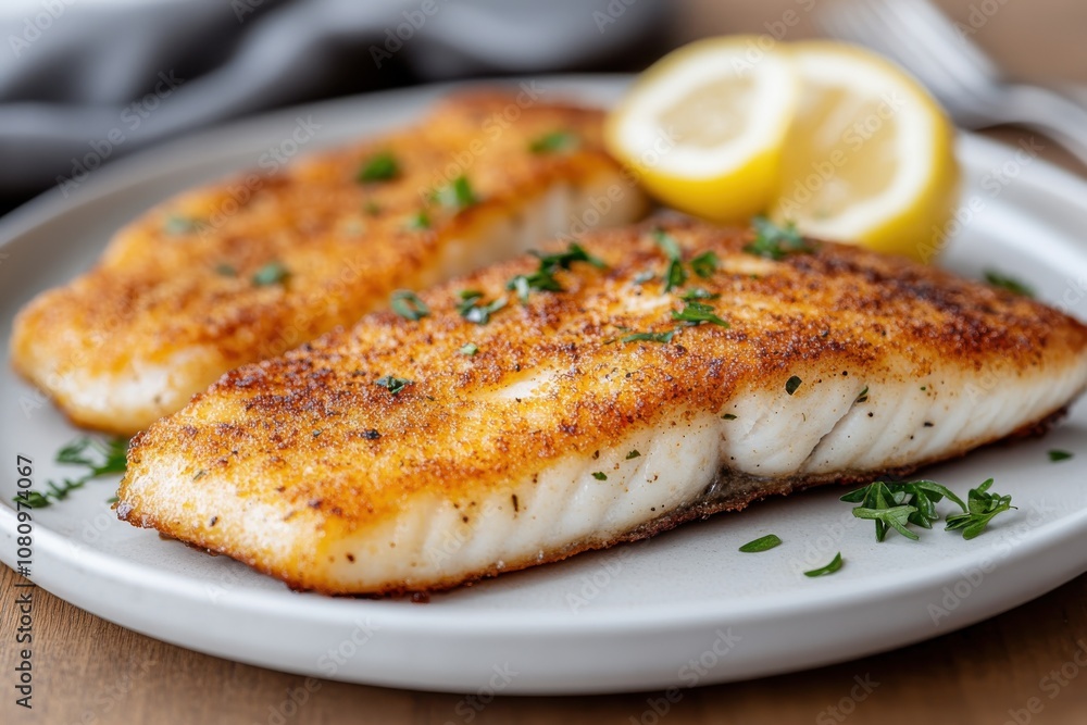 Herb-crusted fish fillets flaunting a beautifully crispy exterior, accentuated with a lemon piece set on a ceramic plate, merging texture and flavor stunningly.