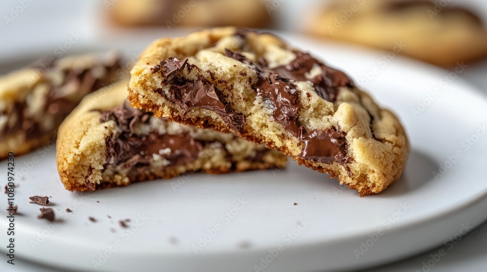 Close-up of a broken cookie with gooey chocolate on a white background, highlighting rich flavor and . Close-up of a broken cookie with gooey chocolate on a white background, highlighting rich flavor and .