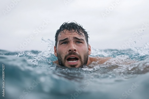 An intense swimmer faces the challenge of turbulent sea waters head-on, embodying persistence and grit, as powerful waves crash energetically around their face.