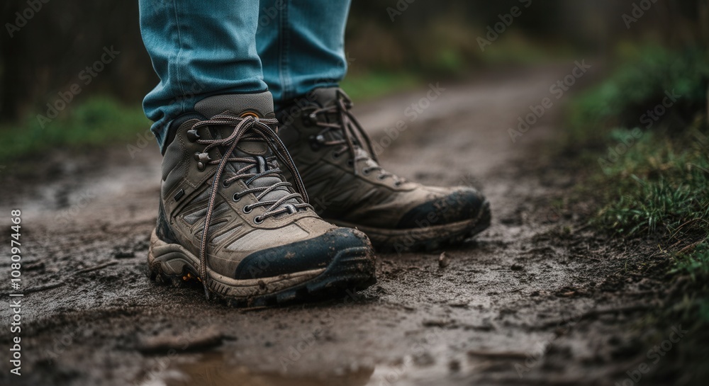 Hiking boots on muddy trail in nature Hiking boots on muddy trail in nature
