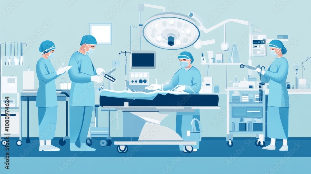 A team of surgeons in a sterile surgery room, using advanced medical instruments for a complex procedure A team of surgeons in a sterile surgery room, using advanced medical instruments for a complex procedure