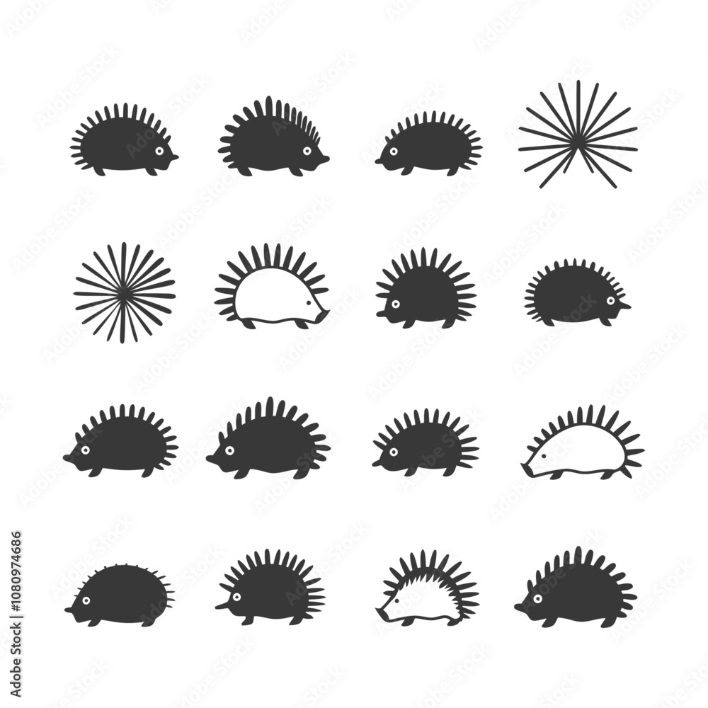 Fototapeta premium A Collection of 12 Simple Hedgehog Silhouettes and Two Sunburst Designs