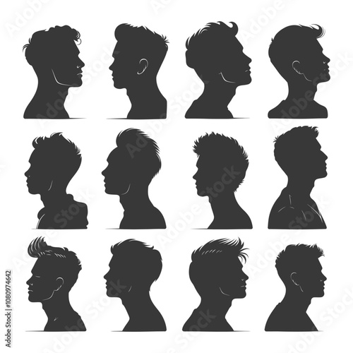 A Collection of 12 Male Silhouettes with Various Hairstyles