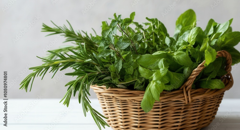Fresh herbs in wicker basket on kitchen counter Fresh herbs in wicker basket on kitchen counter