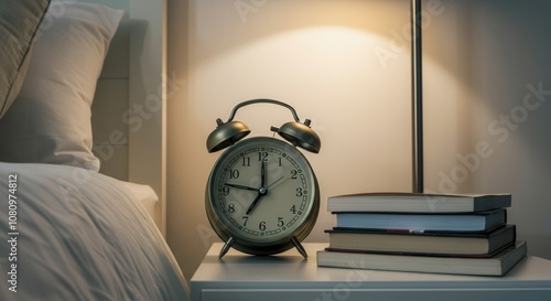 Cozy evening reading time with vintage alarm clock books