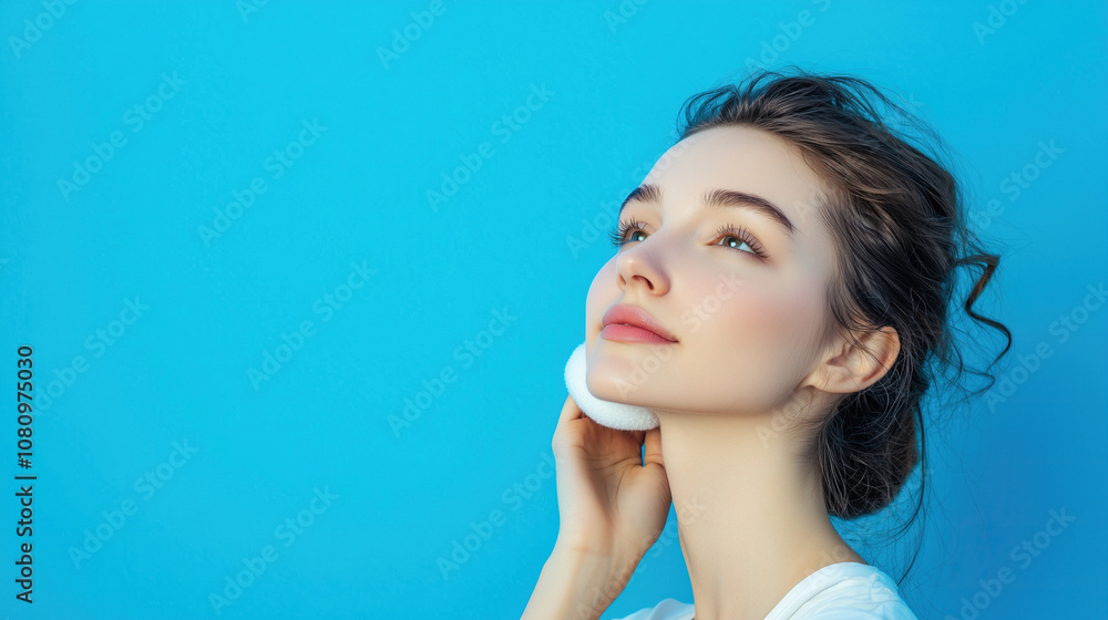 Young woman with make up cleaning face using cotton pad and cleansing micellar product
