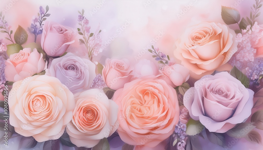 Obraz premium Romantic Pastel Rose Bouquet. Dreamy Valentine's Day Floral Background for Love Cards, Invitations, and Festive Designs with Soft Petals, Bokeh Lights, and Ethereal Spring Colors