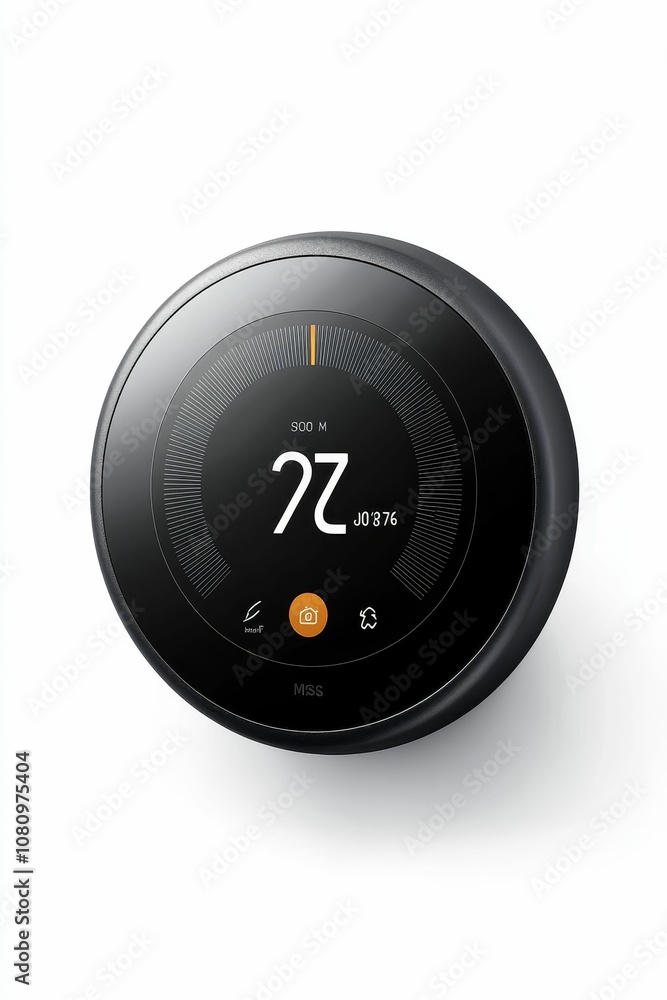 Black round smart thermostat shows 27 degrees. Black round smart thermostat shows 27 degrees.