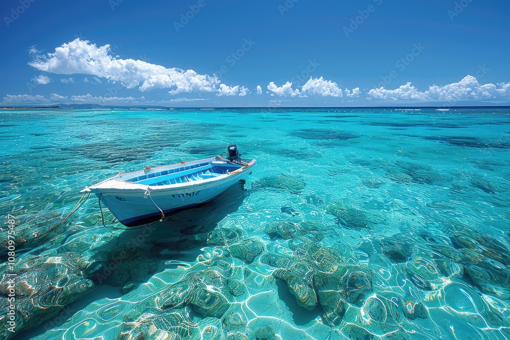 Naklejka premium Small Boat Anchored in Clear Turquoise Water