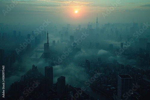 Skyline of a City Bathed in Morning Fog with a Distant Rising Sun