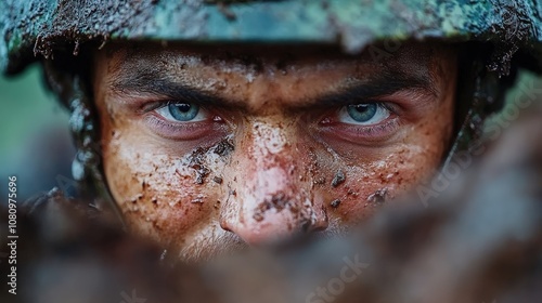 Close-up of a soldier with a serious expression, his face covered in mud, evoking themes of bravery and determination on the intense battlefield.