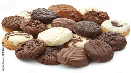 Group of assorted chocolate cookies with melted centers arranged on a pure white background, highlighting their texture and appeal