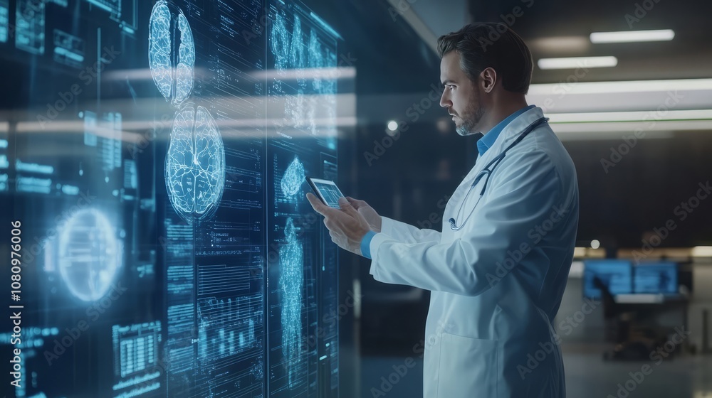 A White male physician examining intricate healthcare data visualizations projected as holograms in a modern medical office A White male physician examining intricate healthcare data visualizations projected as holograms in a modern medical office