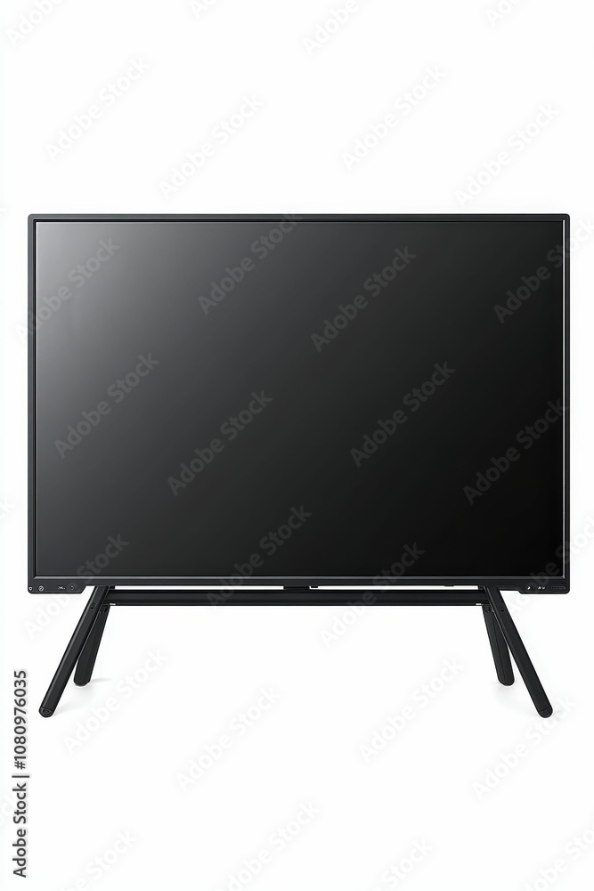 Black television with a stand, turned off. Black television with a stand, turned off.