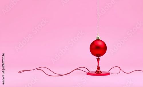 Minimalist composition, single red Christmas ornament, thin black curving lines, bright pink background, high contrast, clean design, festive simplicity, graphic art style, holiday decor concept, surr photo