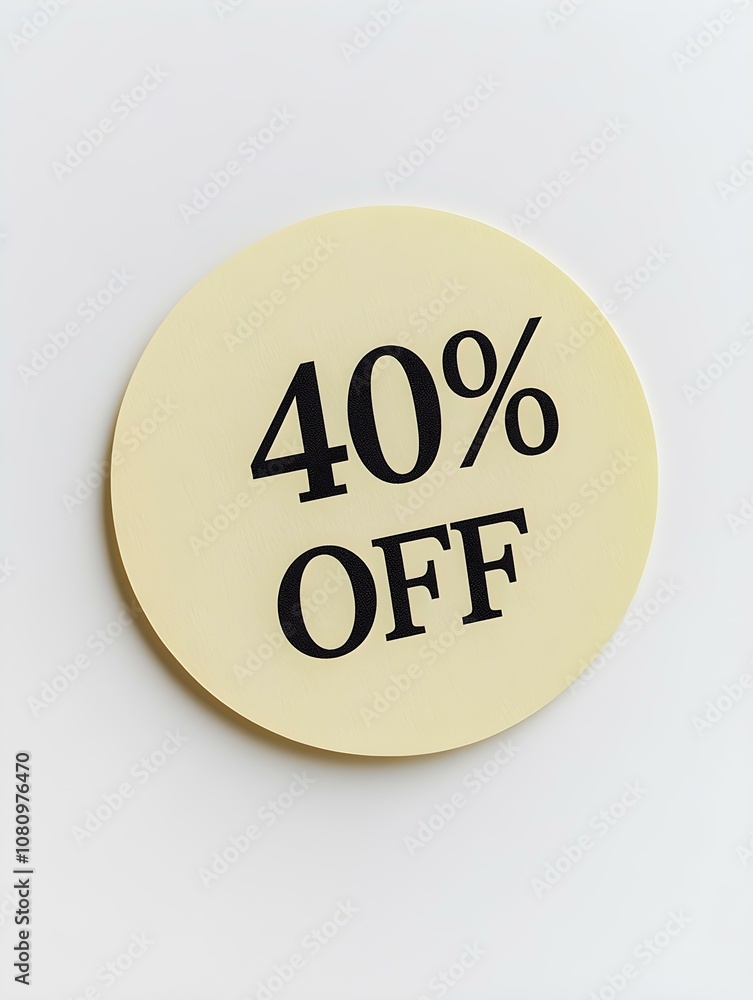 Black '40% OFF' Text on a Light Yellow Round Paper Note. White Background Black '40% OFF' Text on a Light Yellow Round Paper Note. White Background