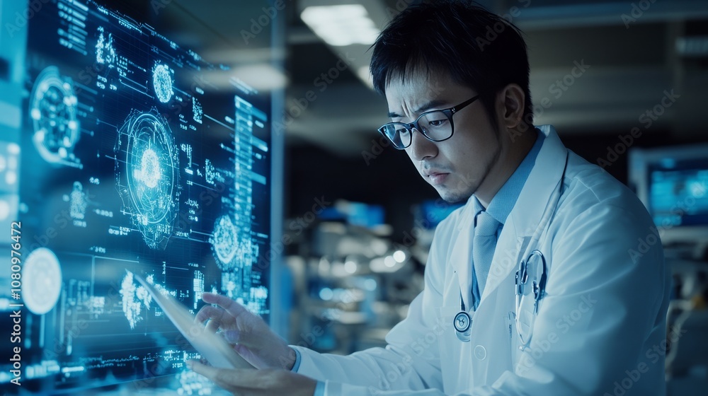 An Asian male doctor analyzing a dynamic hologram of medical statistics, surrounded by advanced medical equipment in a clinical setting An Asian male doctor analyzing a dynamic hologram of medical statistics, surrounded by advanced medical equipment in a clinical setting