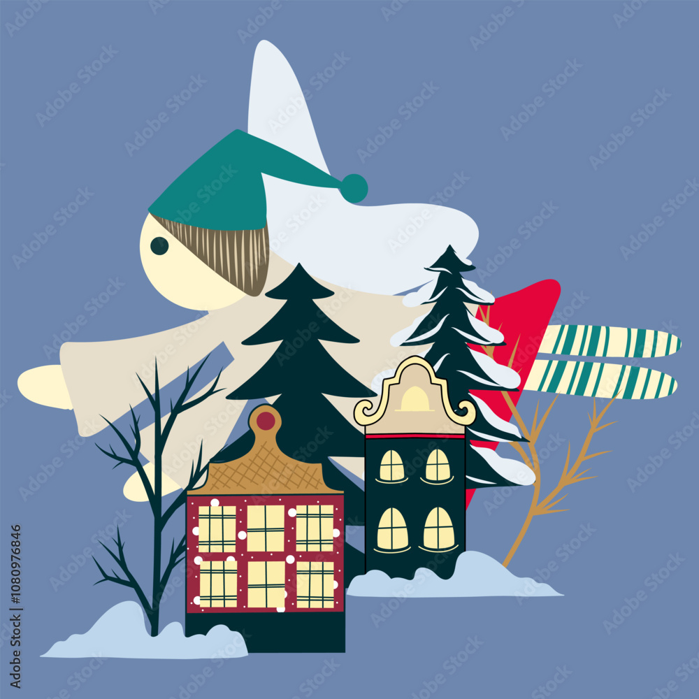Fototapeta premium Christmas Poster, Big angel flying over city flat illustration on a blue background