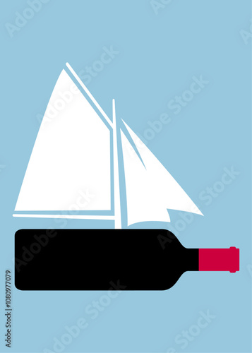 Logo beach bar. Banner con silueta de botella de vino o bebida alcohólica con velas de barco velero