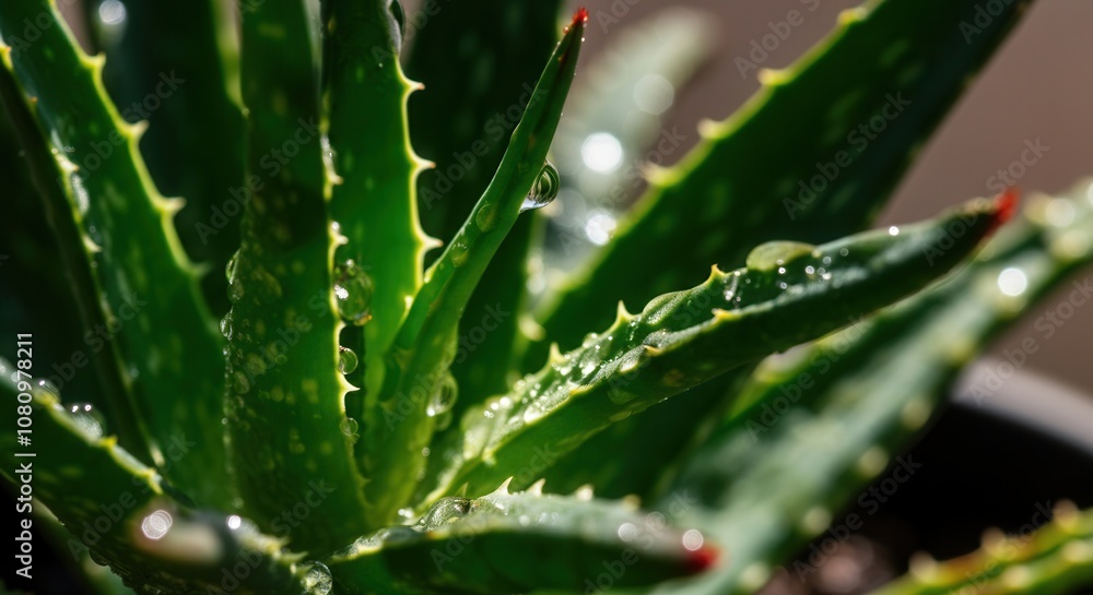 Close-up of fresh aloe vera leaves with water droplets