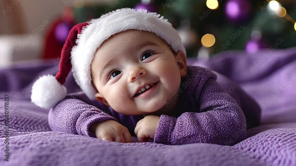 Joyful baby wearing a Santa hat lying on a purple blanket during the festive Christmas season Joyful baby wearing a Santa hat lying on a purple blanket during the festive Christmas season