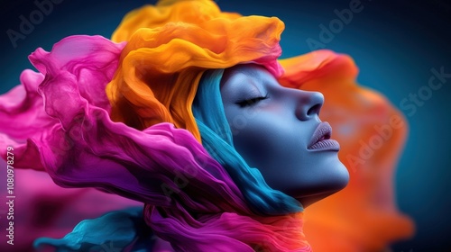 A vibrant and surreal portrait of a person with colorful, flowing fabric, capturing the ethereal beauty and imagination in an abstract, artistic composition.