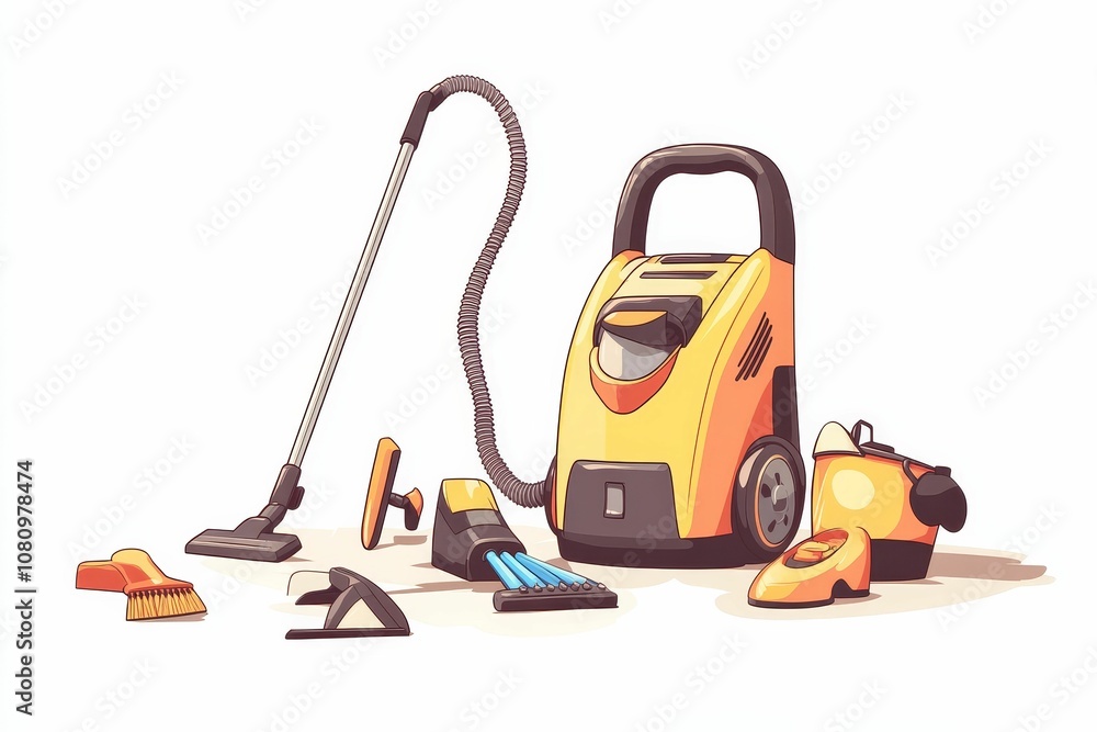 A yellow vacuum cleaner with attachments. A yellow vacuum cleaner with attachments.