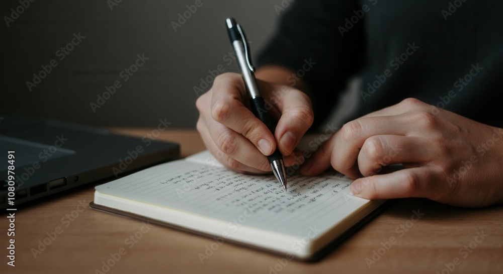 Closeup of person writing in notebook on desk Closeup of person writing in notebook on desk