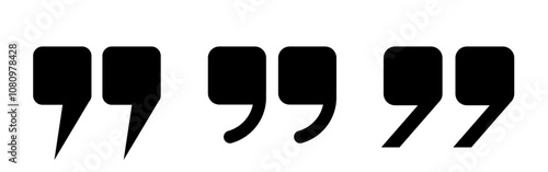 A set of black quotation mark icons, commas on a white background. Flat characters with a square comma. Vector EPS 10.