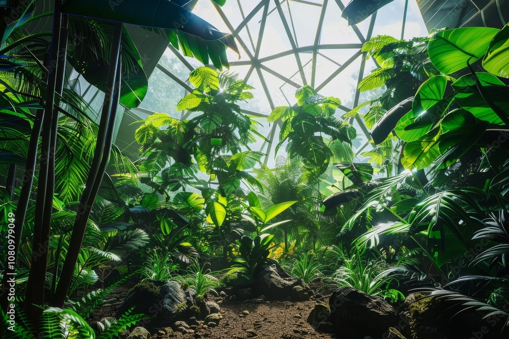 A futuristic biodome with lush tropical plants and a glass roof A bio-dome filled with lush, futuristic plant life A futuristic biodome with lush tropical plants and a glass roof A bio-dome filled with lush, futuristic plant life